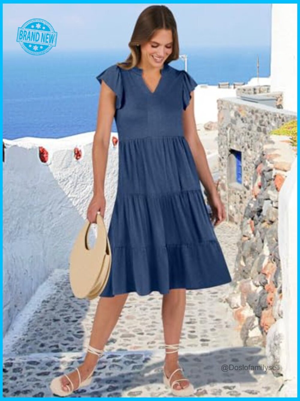 V Neck Ruffle Sleeve Tiered Midi Dress Flowy Casual Boho Beach Vacation Summer - Picture 5 of 7